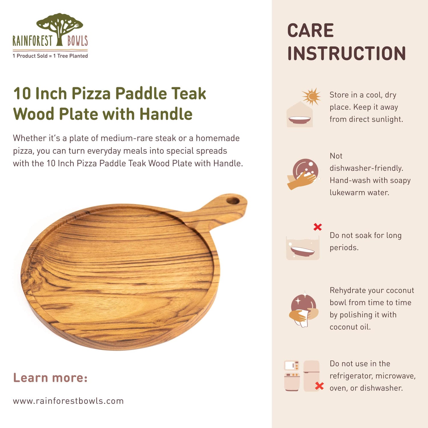 10 Inch Teak Wood Pizza Board with Handle & Rim