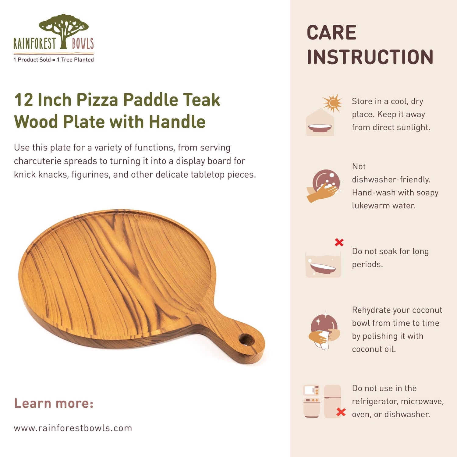 12 Inch Teak Wood Pizza Board with Handle & Rim