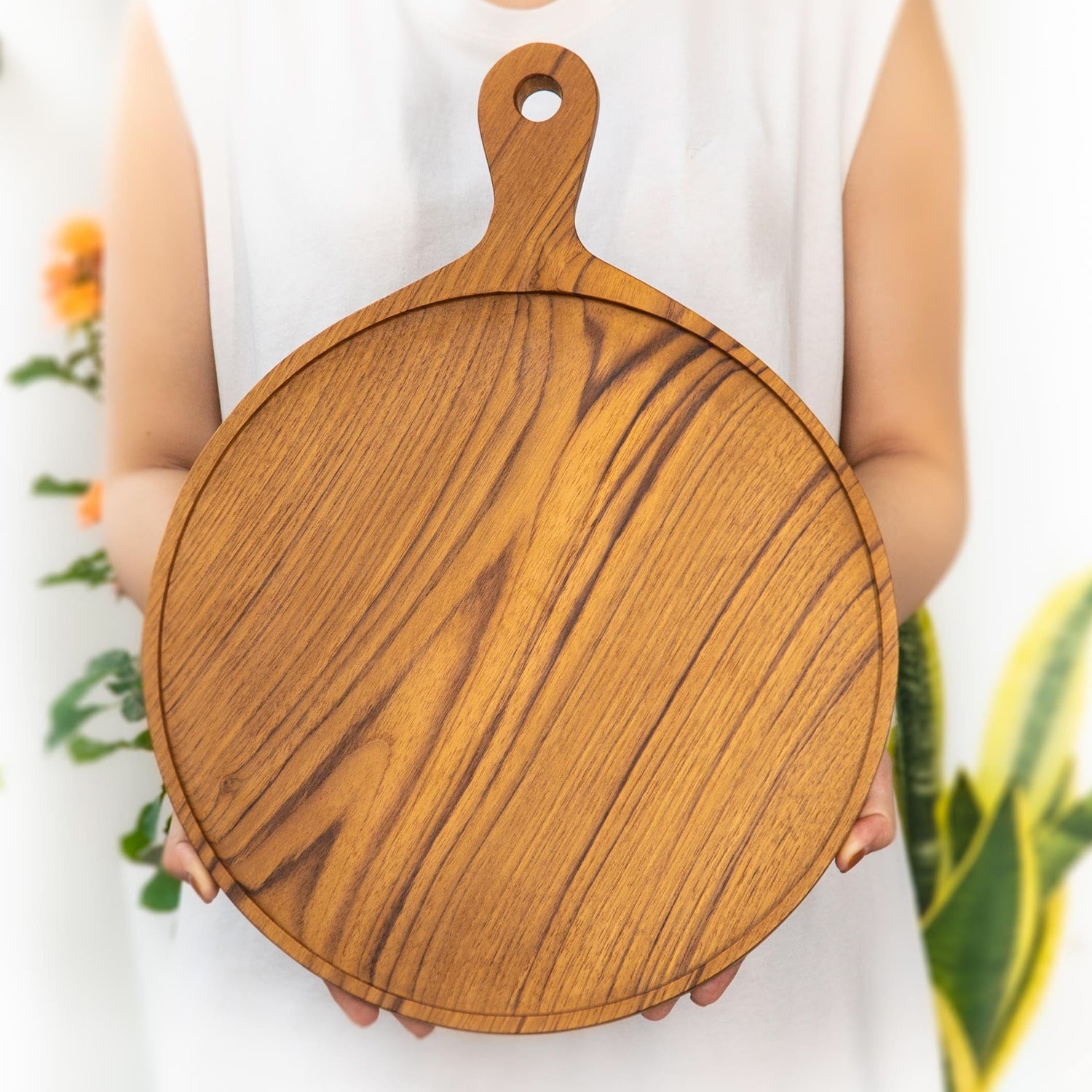 12 Inch Teak Wood Pizza Board with Handle & Rim
