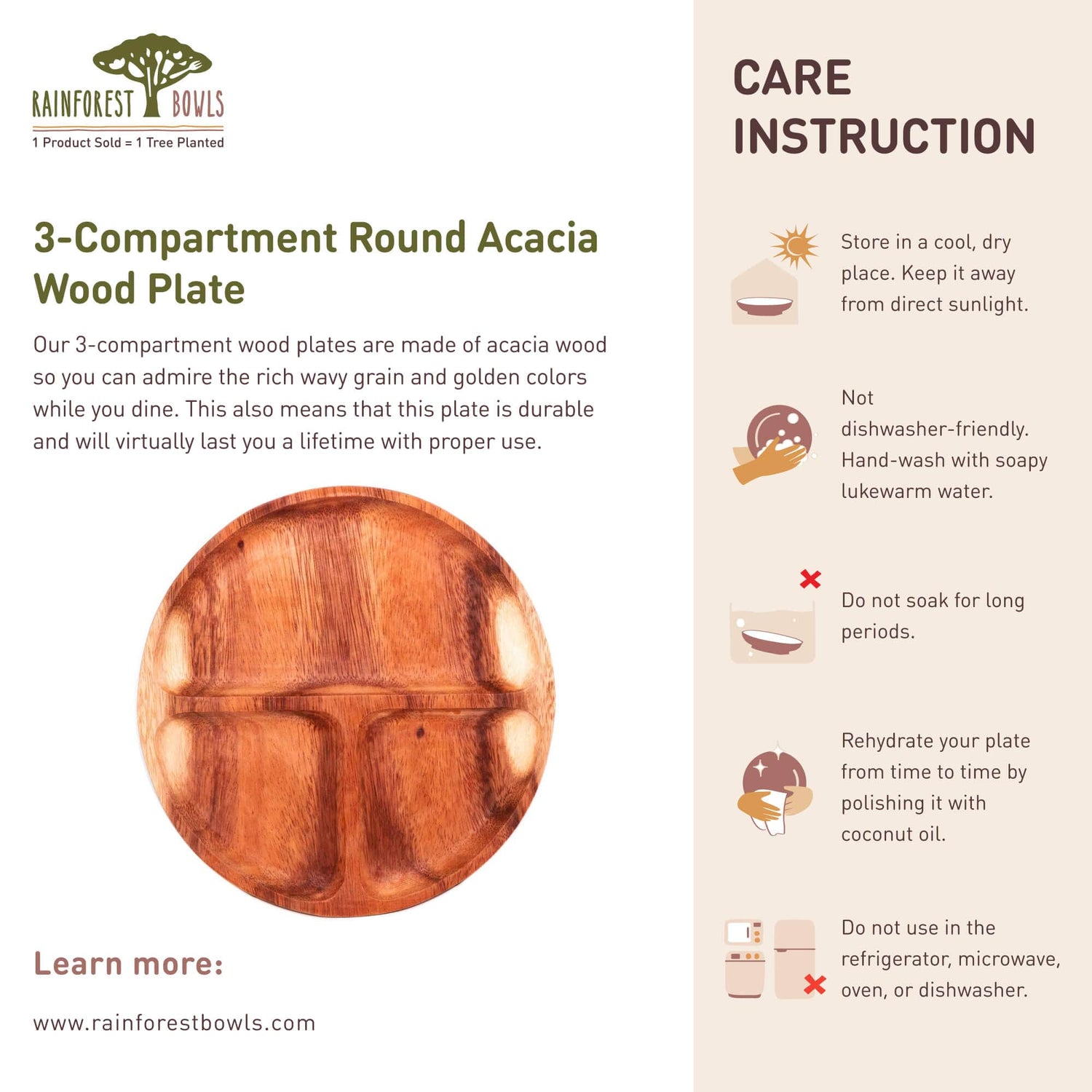 3-Compartment Round Acacia Wood Plate