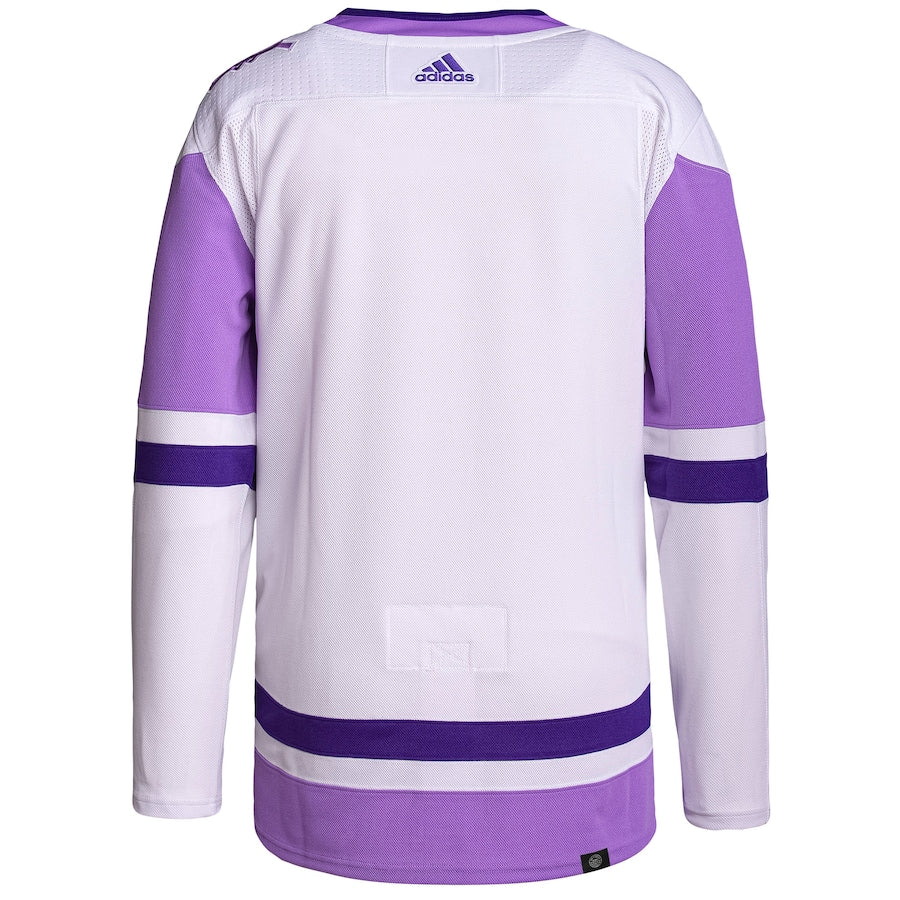Men's San Jose Sharks adidas White/Purple Hockey Fights Cancer Primegreen Authentic Blank Practice Jersey