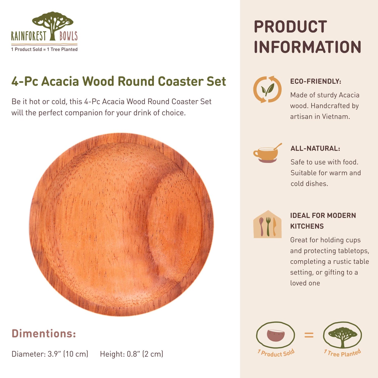 4-Pc Acacia Wood Round Coaster Set