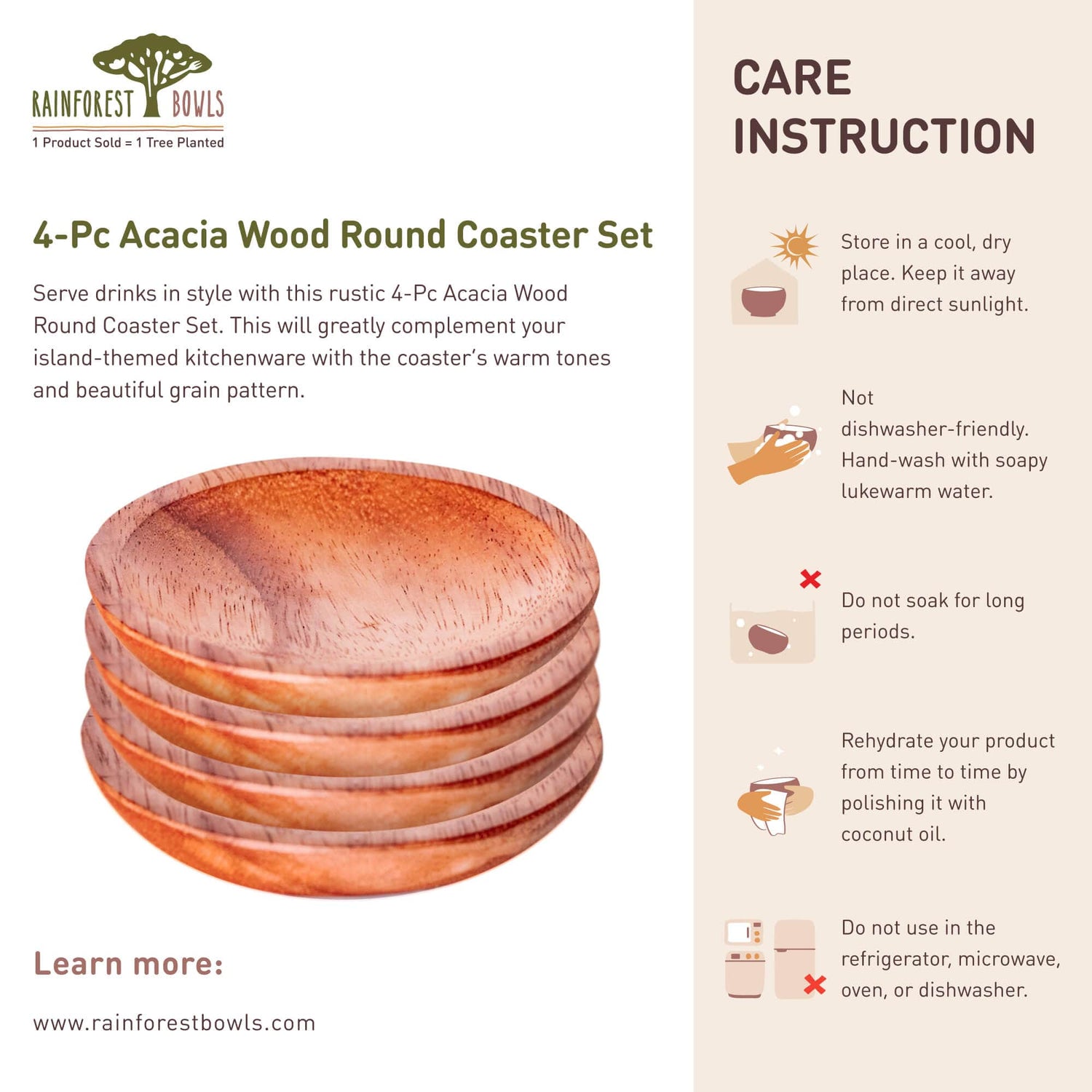 4-Pc Acacia Wood Round Coaster Set
