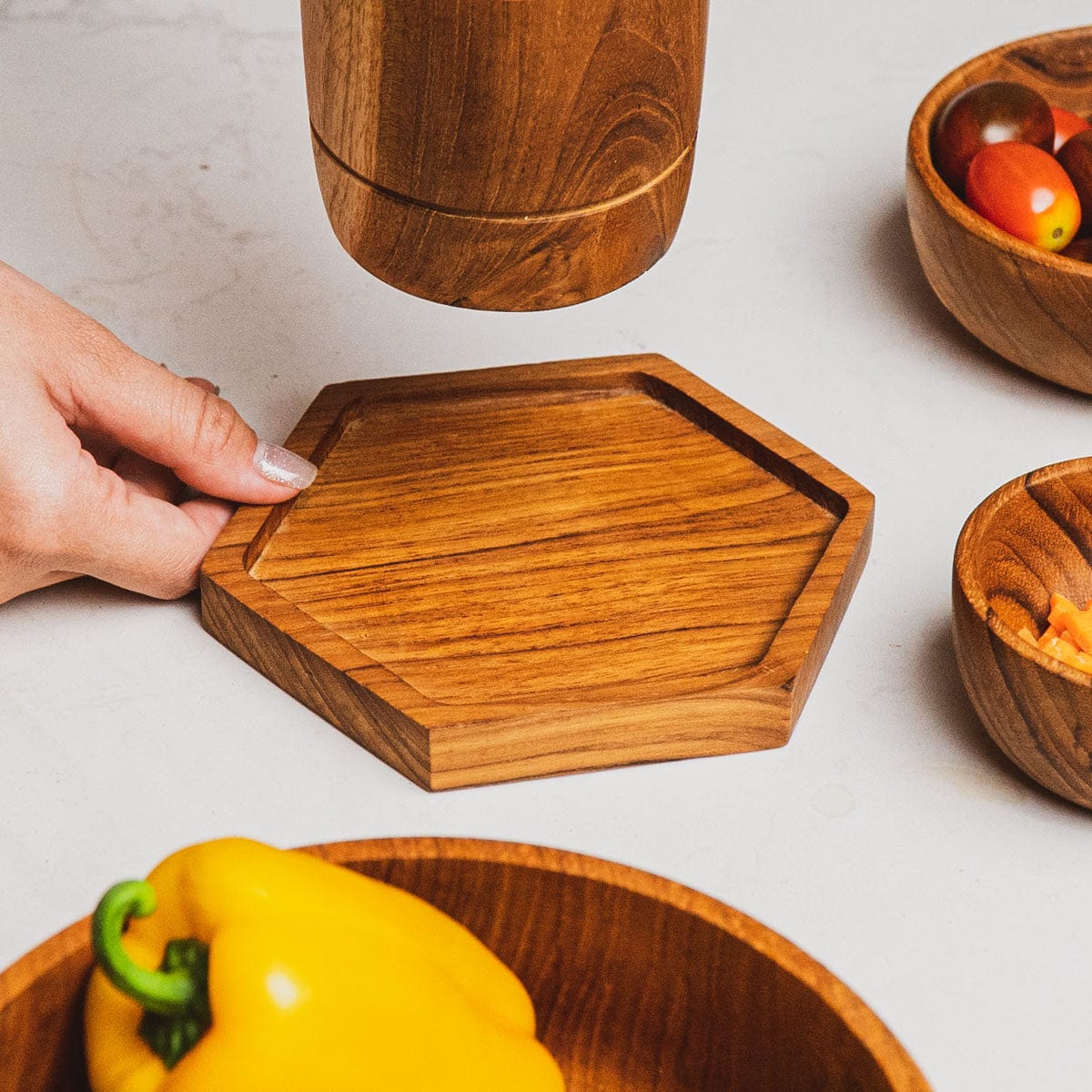 4-Pc Hexagon Teak Wood Coaster Set