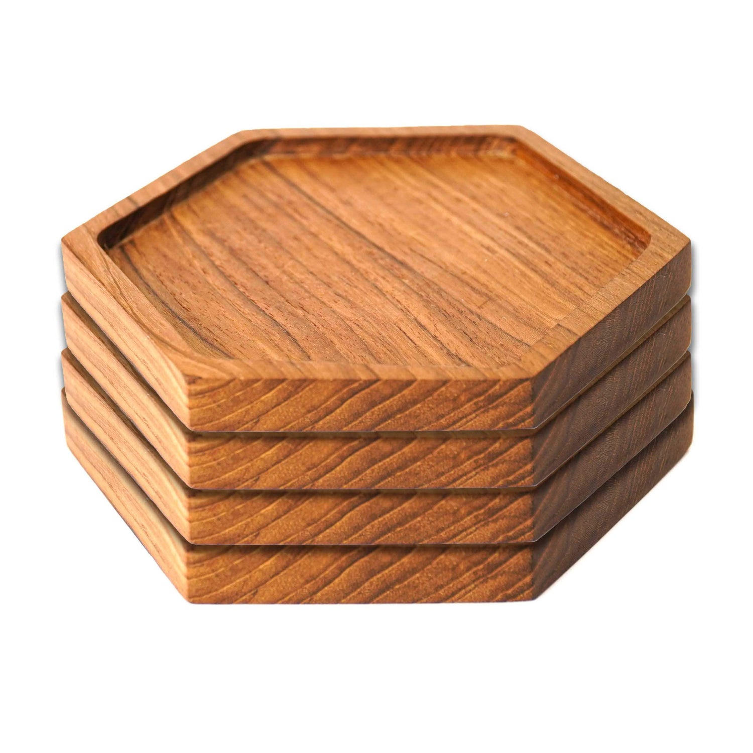4-Pc Hexagon Teak Wood Coaster Set