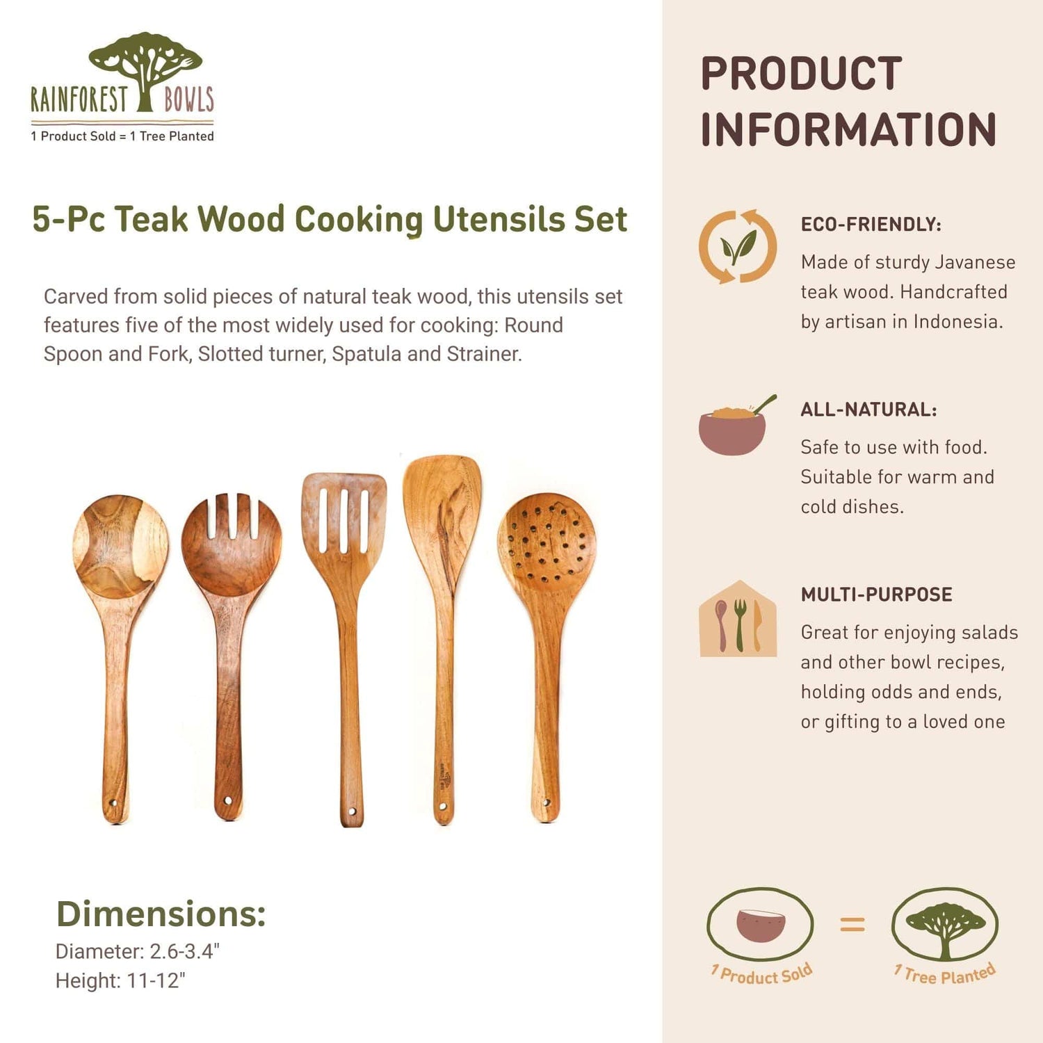 5-Pc Teak Wood Cooking Utensils Set