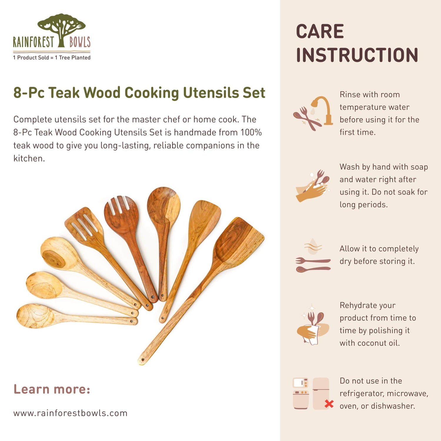 8-Pc Teak Wood Cooking Utensils Set