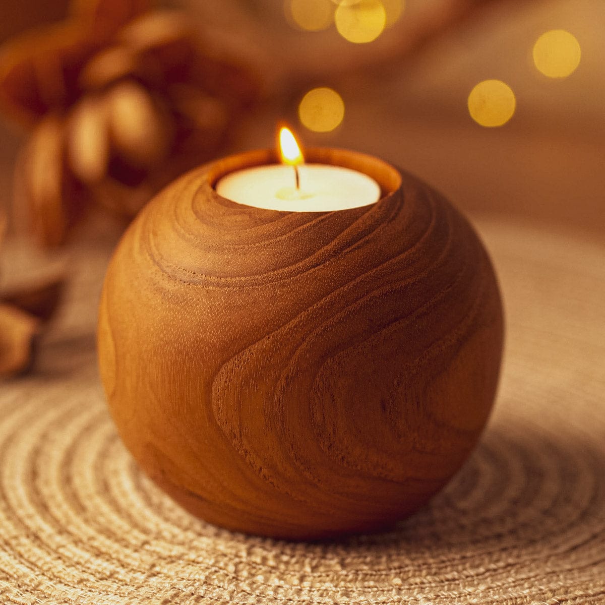 Ball Teak Wood Candle Holder - Large
