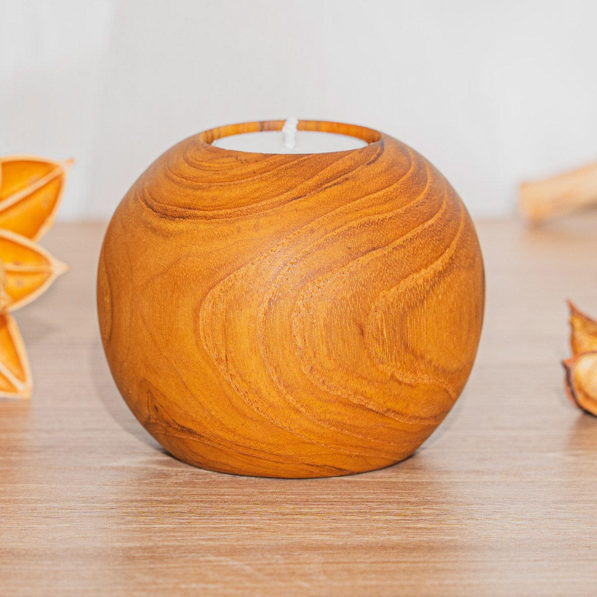 Ball Teak Wood Candle Holder - Large