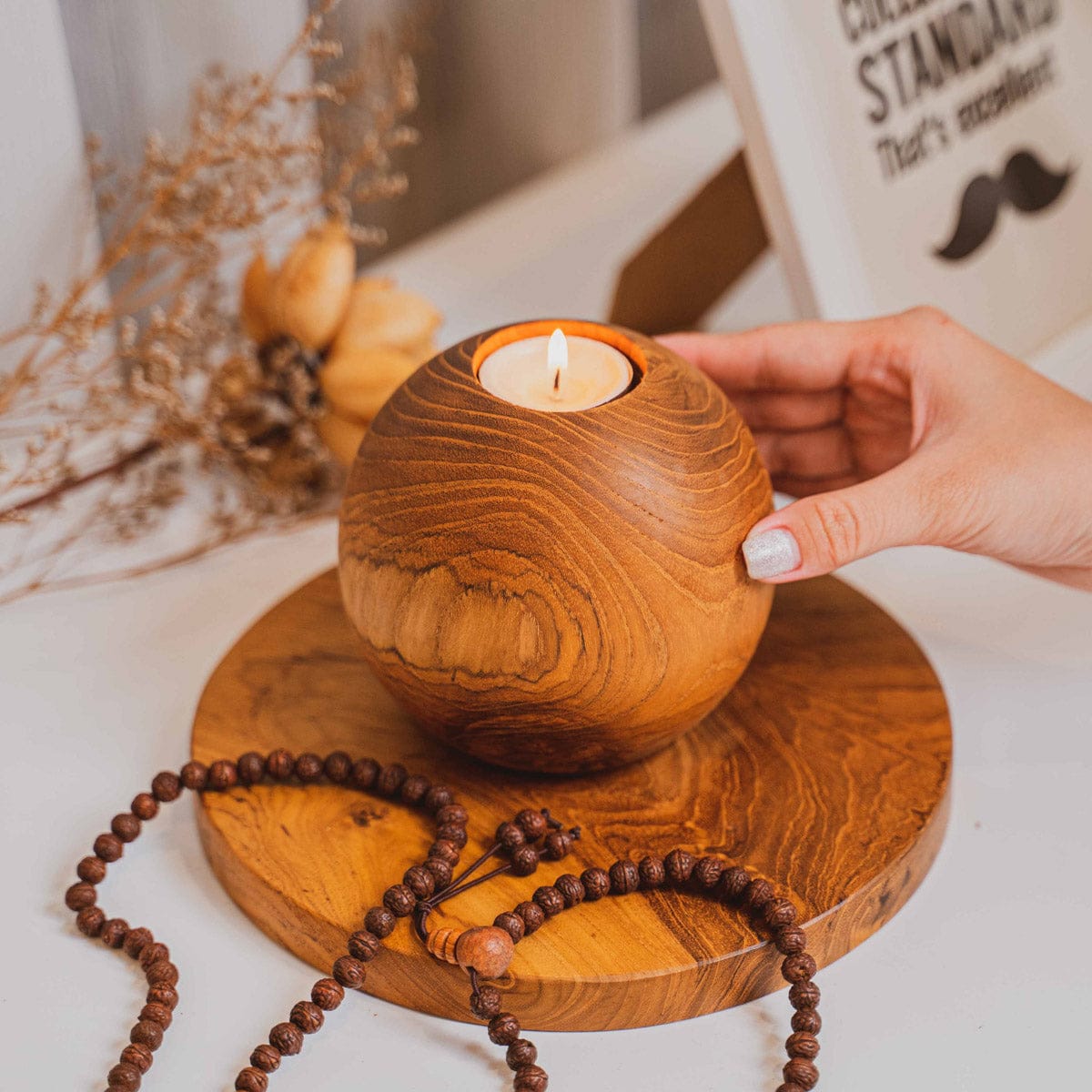 Ball Teak Wood Candle Holder - Large