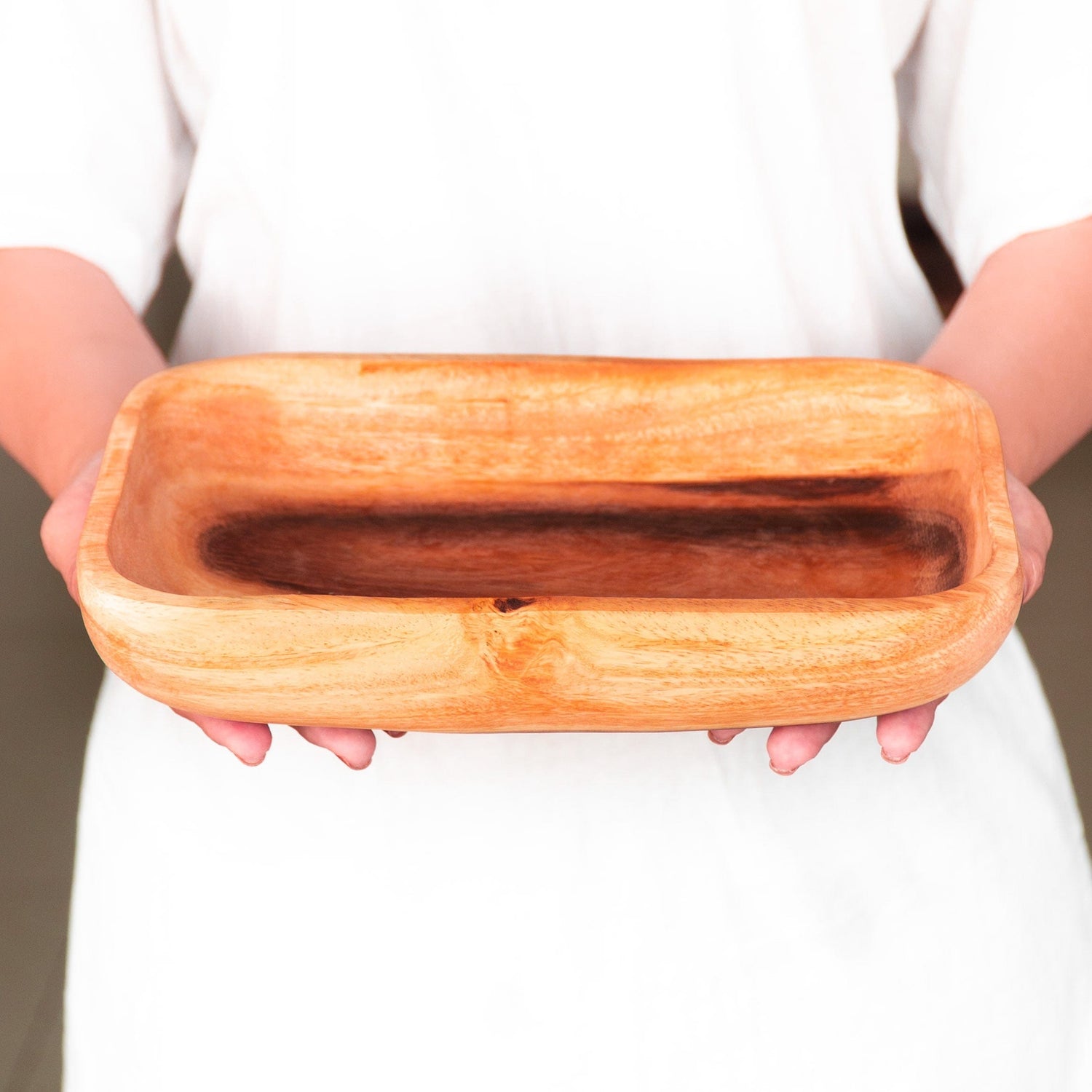 Rectangular Acacia Wood Low Salad Serving Bowl
