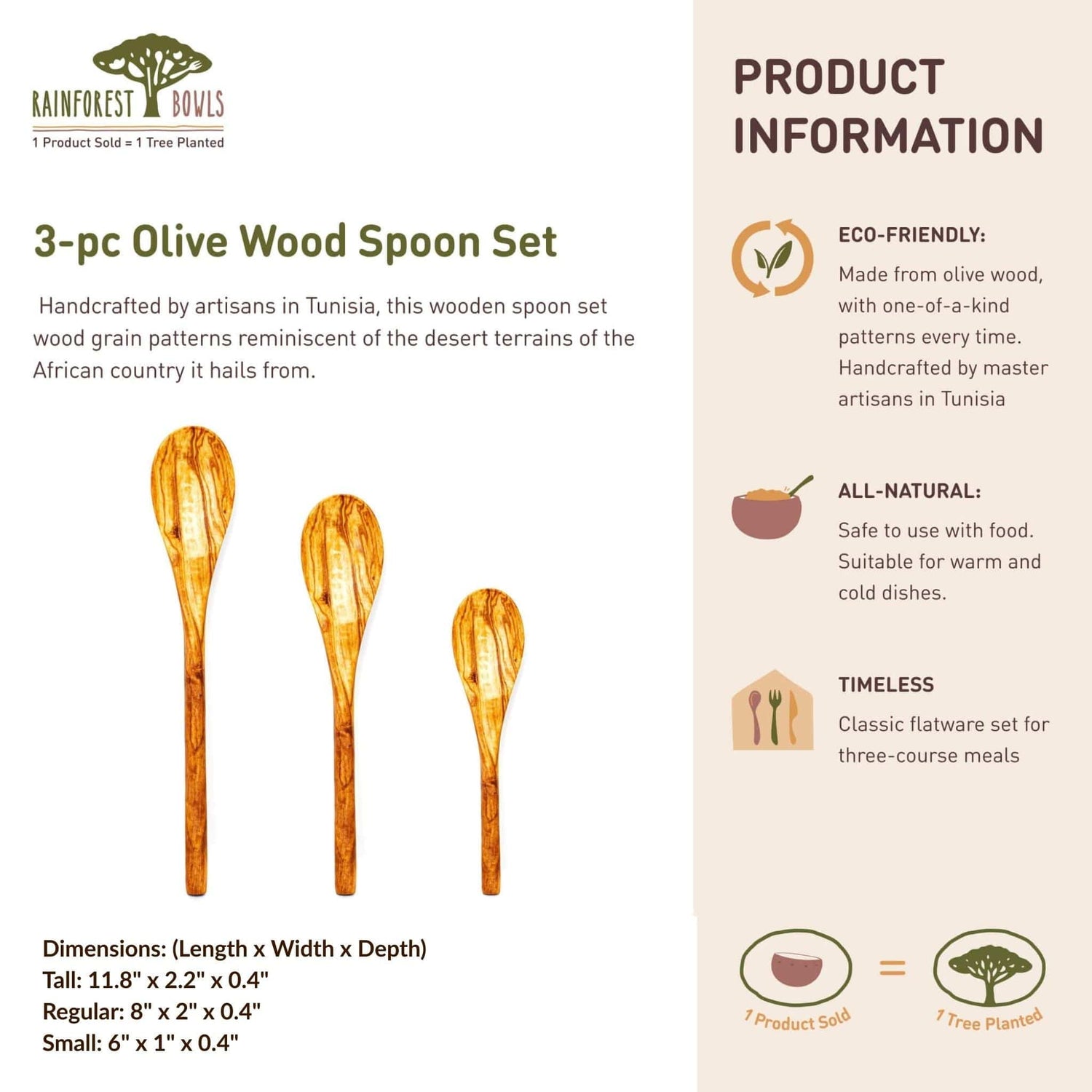 3-Pc Olive Wood Cooking Spoons Set