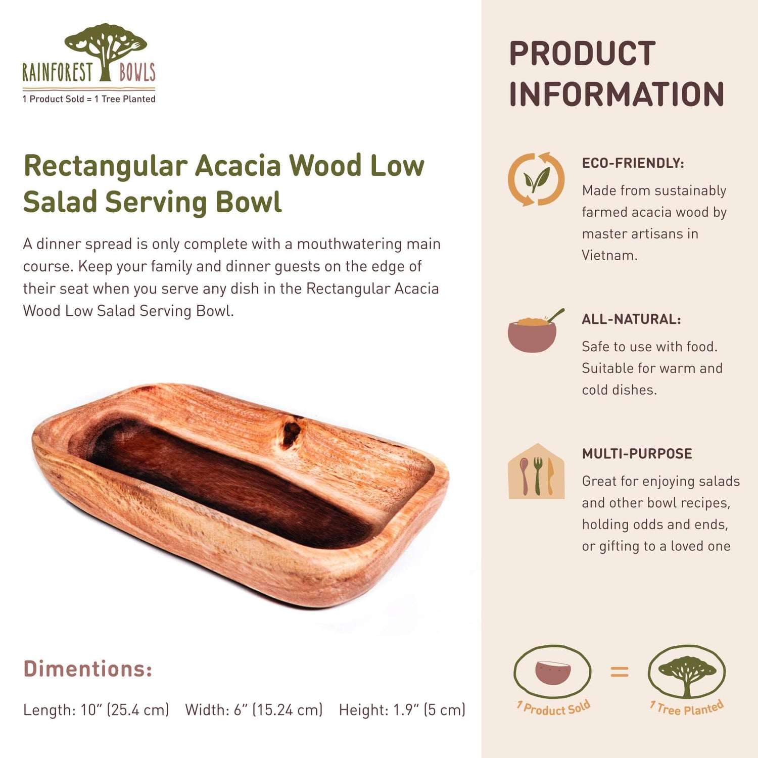 Rectangular Acacia Wood Low Salad Serving Bowl