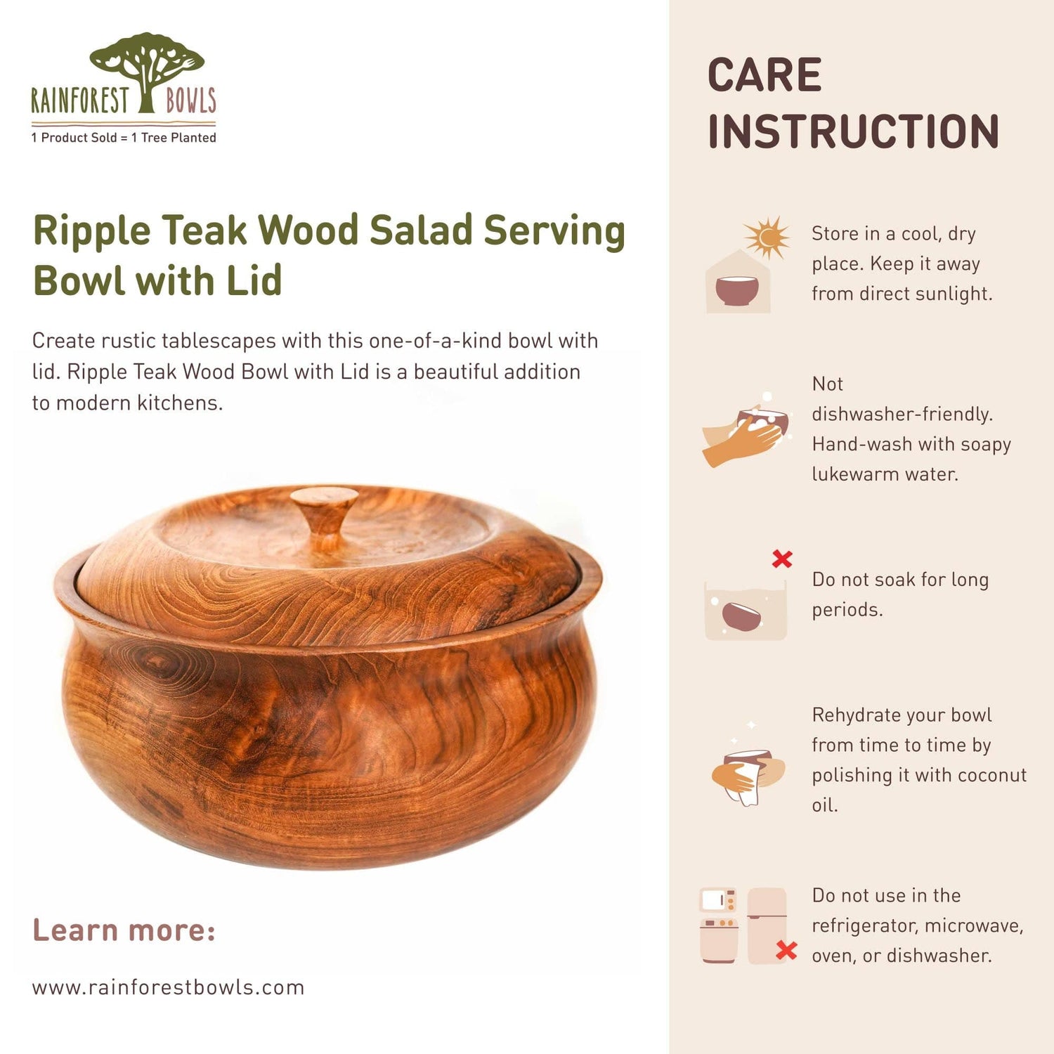 Ripple Teak Wood Salad Serving Bowl