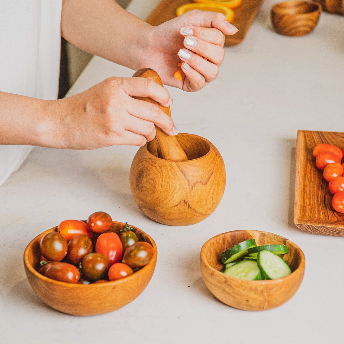 Round Teak Wood Mortar and Pestle