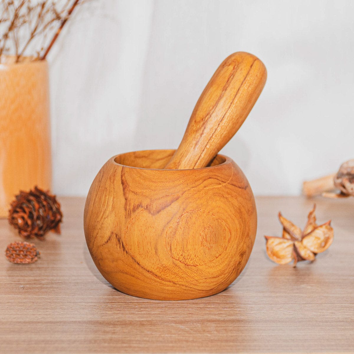 Round Teak Wood Mortar and Pestle