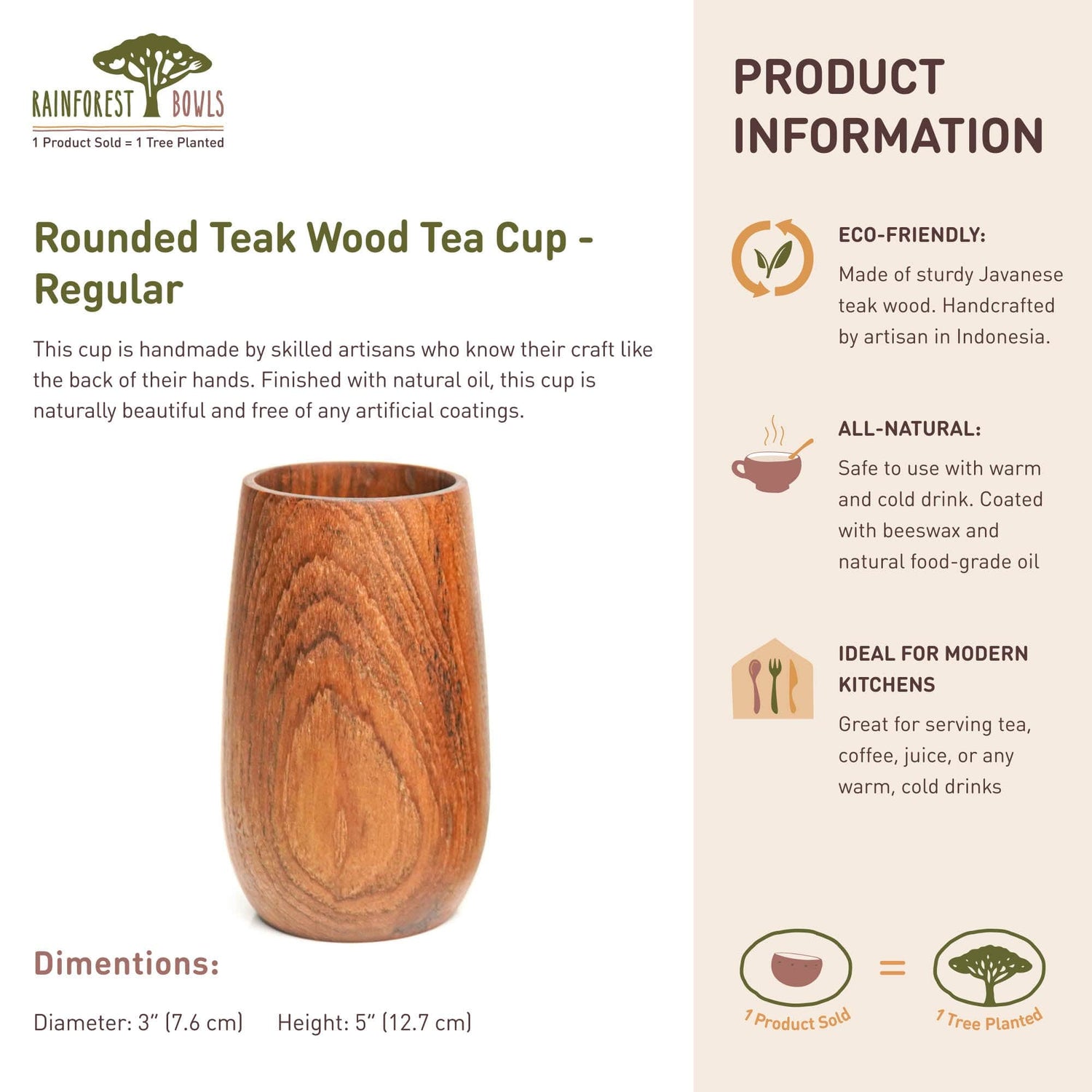 Rounded Teak Wood Cup - Regular