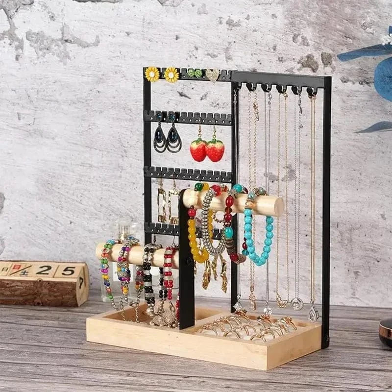 Multi-Tier Jewelry Organizer Stand with Wooden Tray – Necklace, Earring, Bracelet & Ring Display Rack