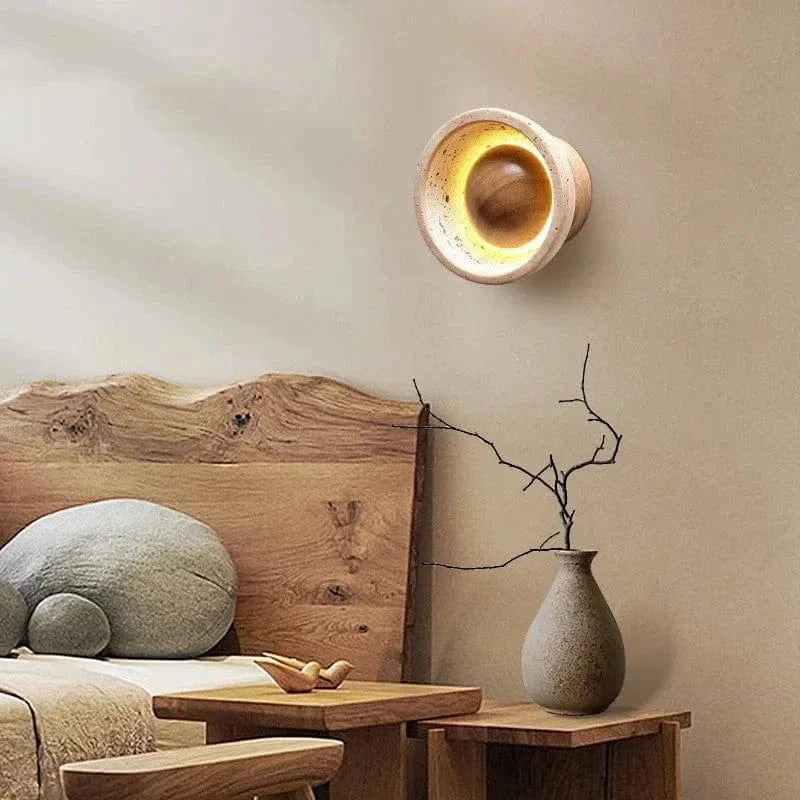 LED Wall Lamp with Switch – Wood & Travertine Wall Sconce for Bedroom, Living Room, or Stair Lighting