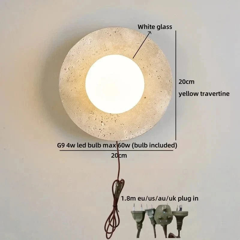 LED Wall Lamp with Switch – Wood & Travertine Wall Sconce for Bedroom, Living Room, or Stair Lighting