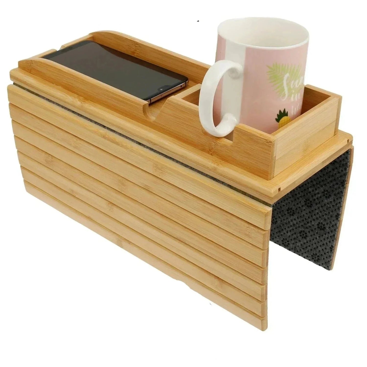 Couch Cup Holder Bamboo Wood Sofa Armrest Tray – Foldable Non-Slip Sofa Cup Holder and Side Storage Tray
