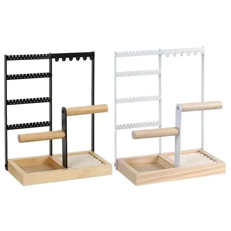 Multi-Tier Jewelry Organizer Stand with Wooden Tray – Necklace, Earring, Bracelet & Ring Display Rack