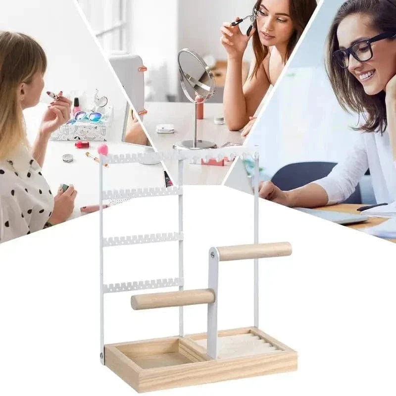 Multi-Tier Jewelry Organizer Stand with Wooden Tray – Necklace, Earring, Bracelet & Ring Display Rack