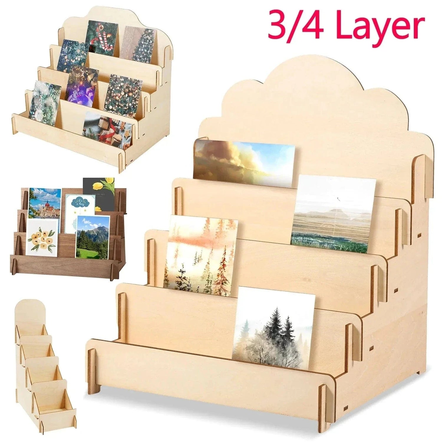 4-Layer Wooden Card Display Rack – Removable Multi-Tier Organizer Stand
