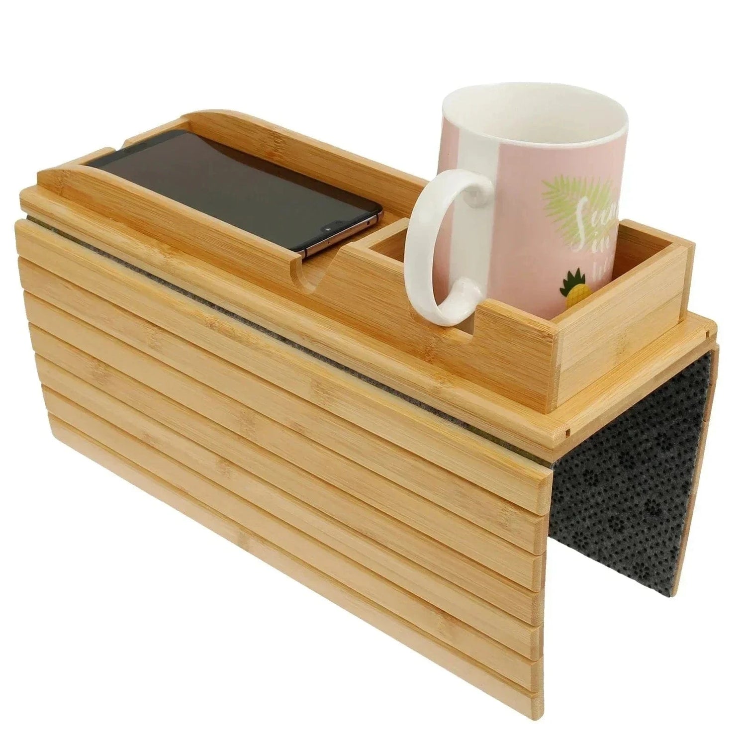 Couch Cup Holder Bamboo Wood Sofa Armrest Tray – Foldable Non-Slip Sofa Cup Holder and Side Storage Tray