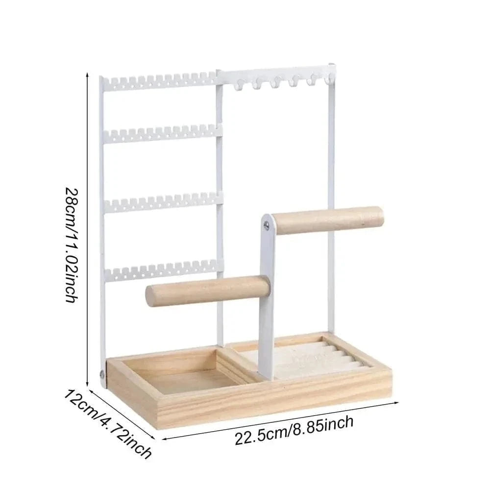 Multi-Tier Jewelry Organizer Stand with Wooden Tray – Necklace, Earring, Bracelet & Ring Display Rack