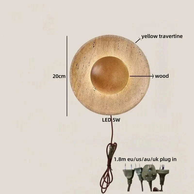 LED Wall Lamp with Switch – Wood & Travertine Wall Sconce for Bedroom, Living Room, or Stair Lighting