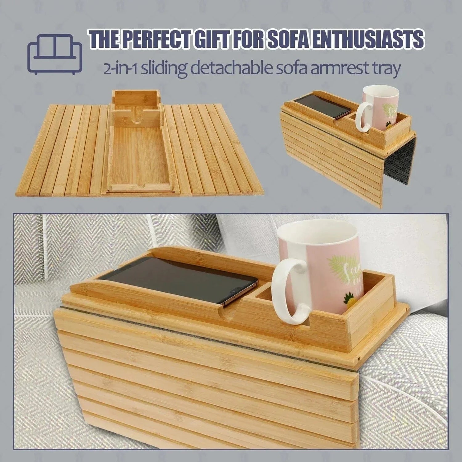 Couch Cup Holder Bamboo Wood Sofa Armrest Tray – Foldable Non-Slip Sofa Cup Holder and Side Storage Tray