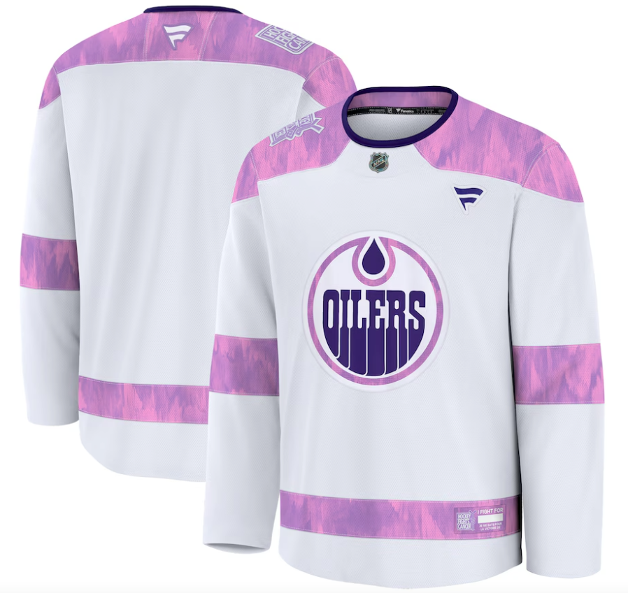 Men's Edmonton Oilers Fanatics White 2024 Hockey Fights Cancer Practice Jersey