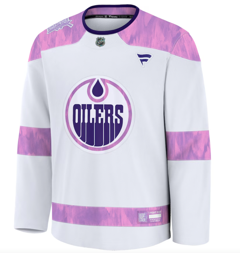 Men's Edmonton Oilers Fanatics White 2024 Hockey Fights Cancer Practice Jersey