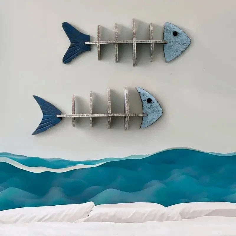 Wooden Fish Skeleton Wall Shelf – Mediterranean Style Decorative Rack