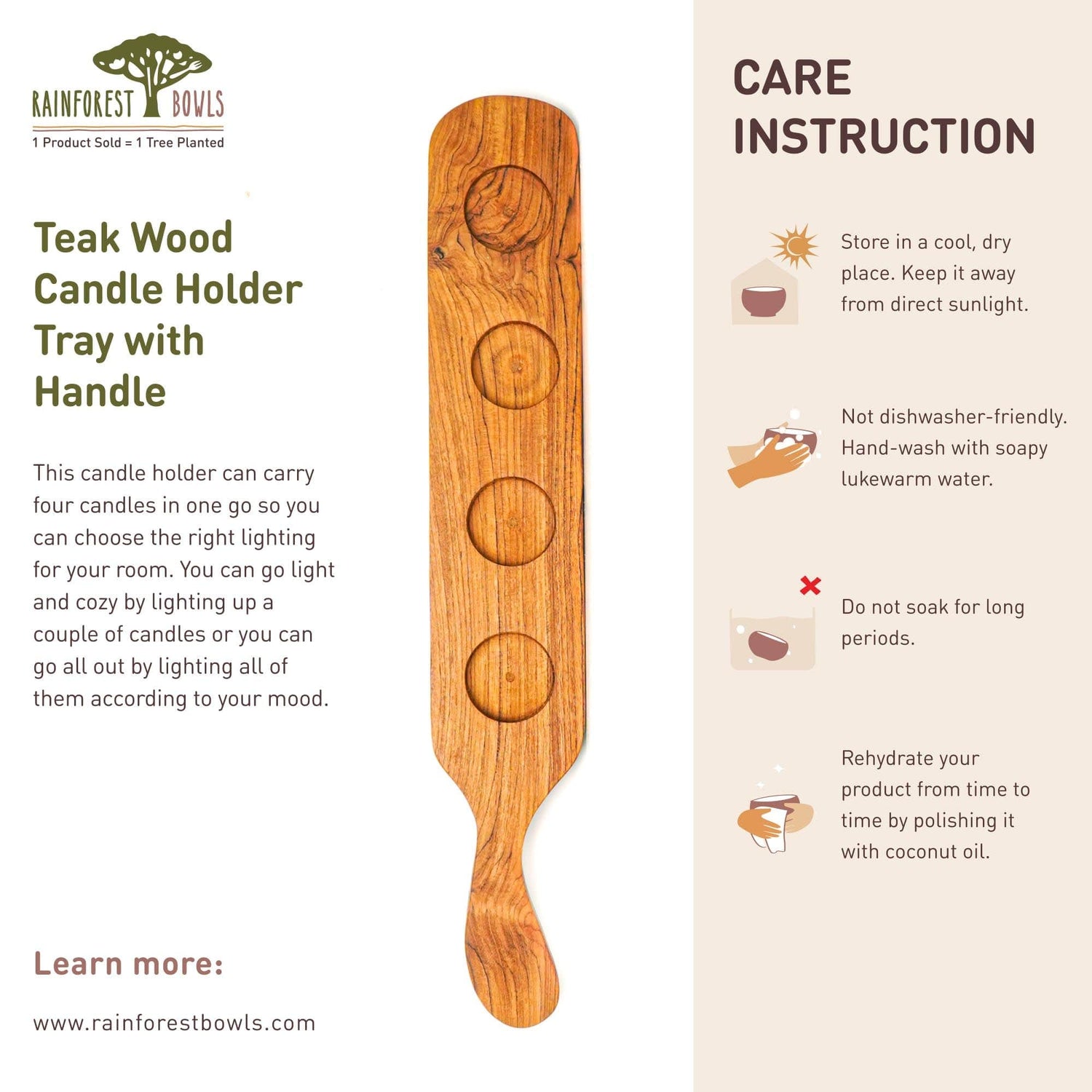 Teak Wood Candle Holder Tray with Handle