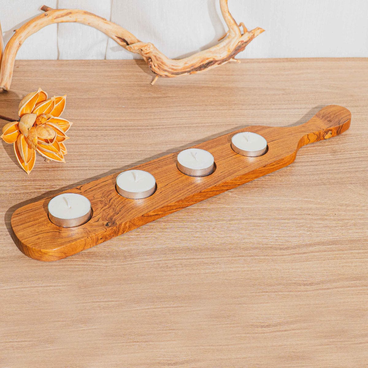 Teak Wood Candle Holder Tray with Handle