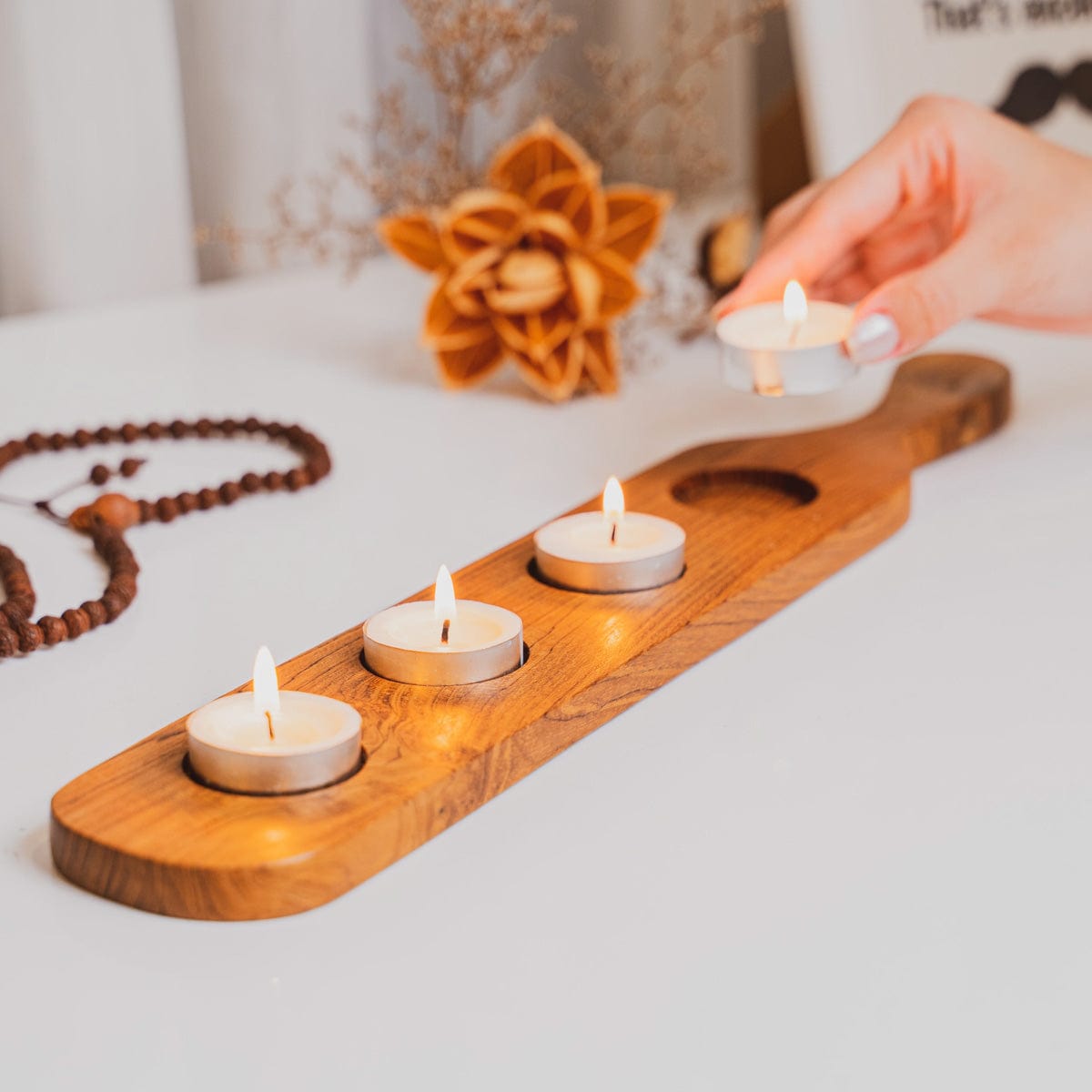 Teak Wood Candle Holder Tray with Handle