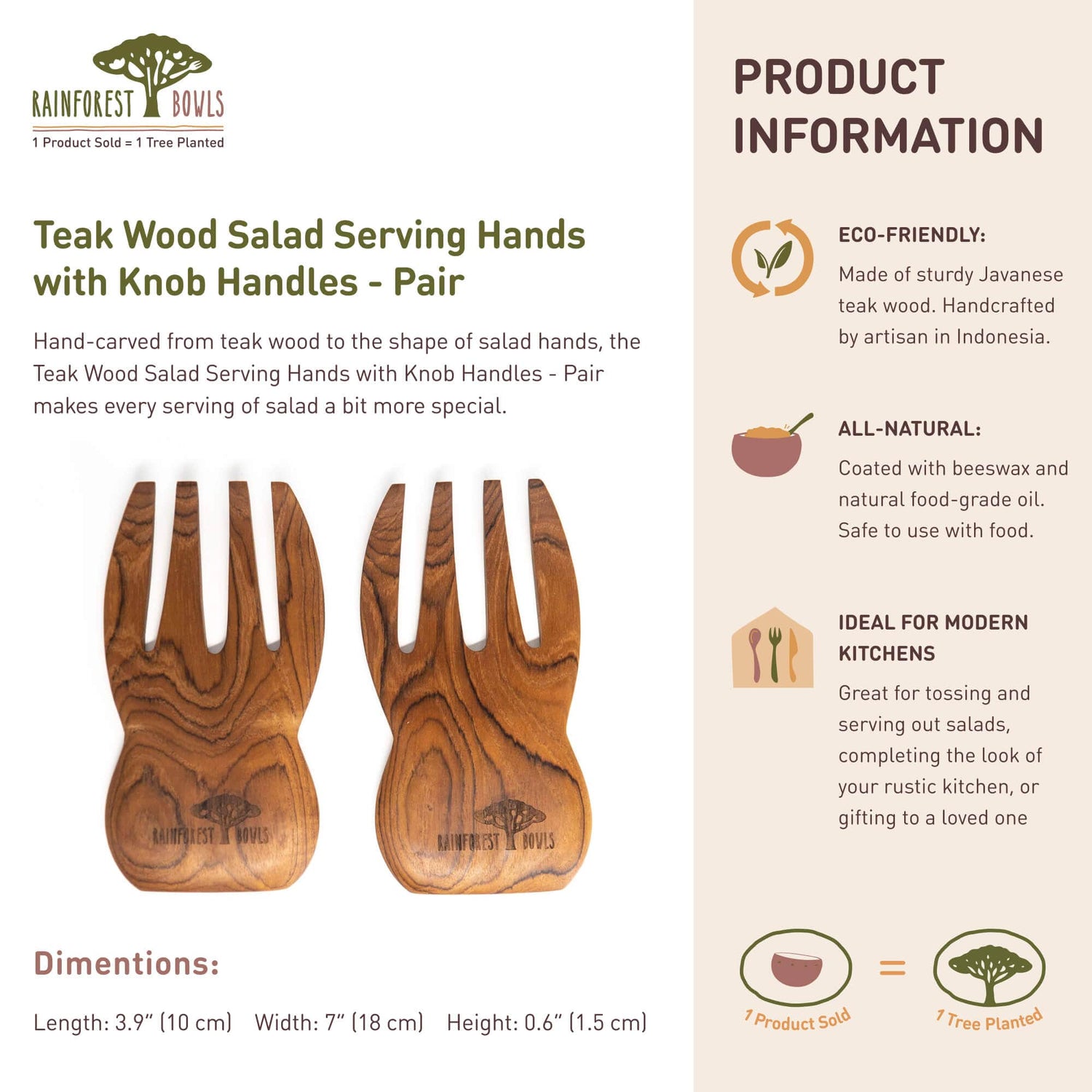 Teak Wood Salad Serving Hands - Pair