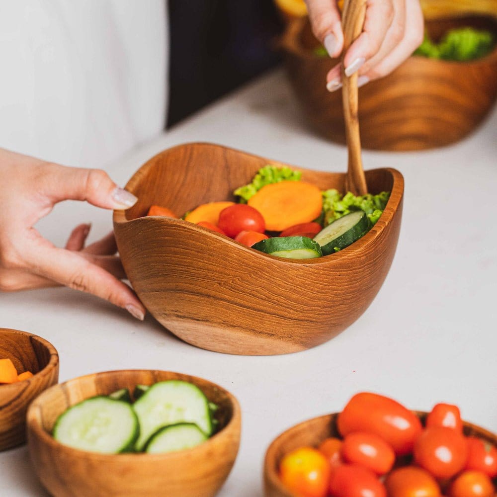 Handcrafted Wavy Teak Wood Bowl