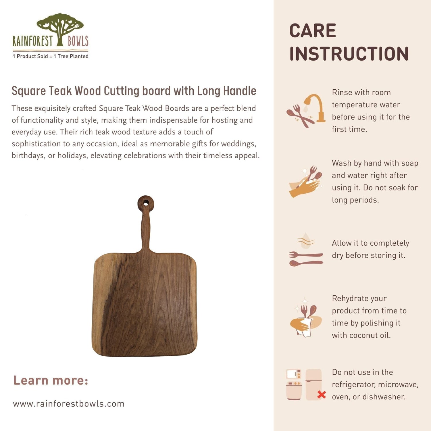 Square Teak Wood Charcuterie Cutting board with Long Handle