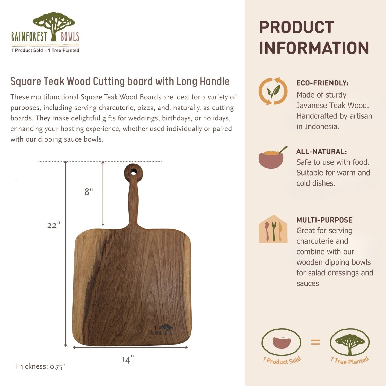 Square Teak Wood Charcuterie Cutting board with Long Handle