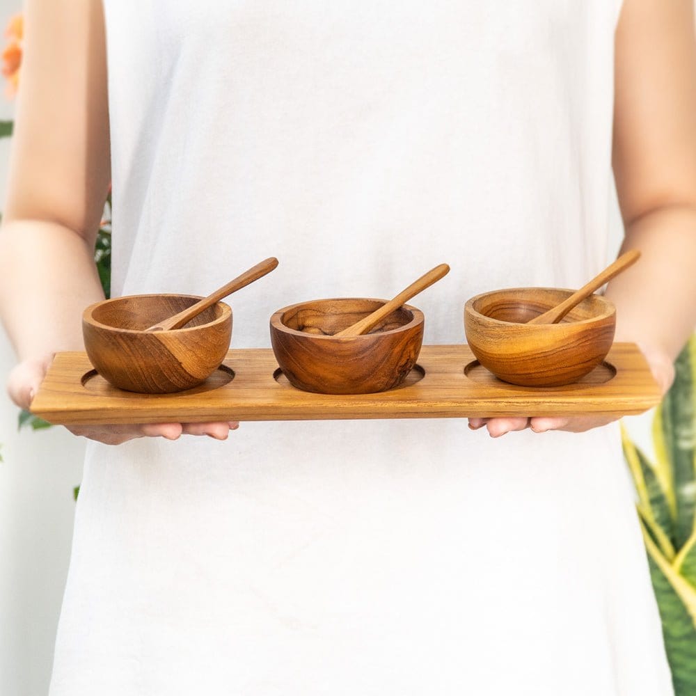 Teak Wood Condiment Dipping Bowl Set with Tray and Spoons