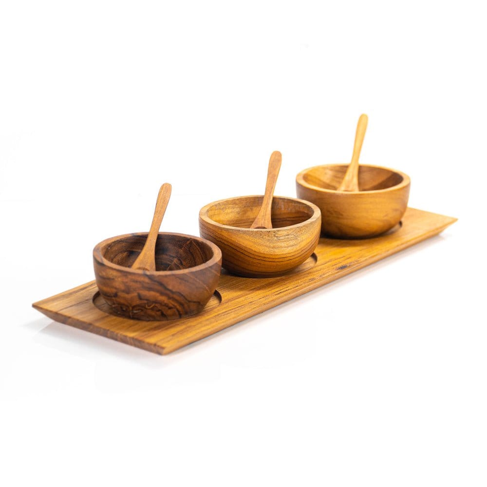 Teak Wood Condiment Dipping Bowl Set with Tray and Spoons