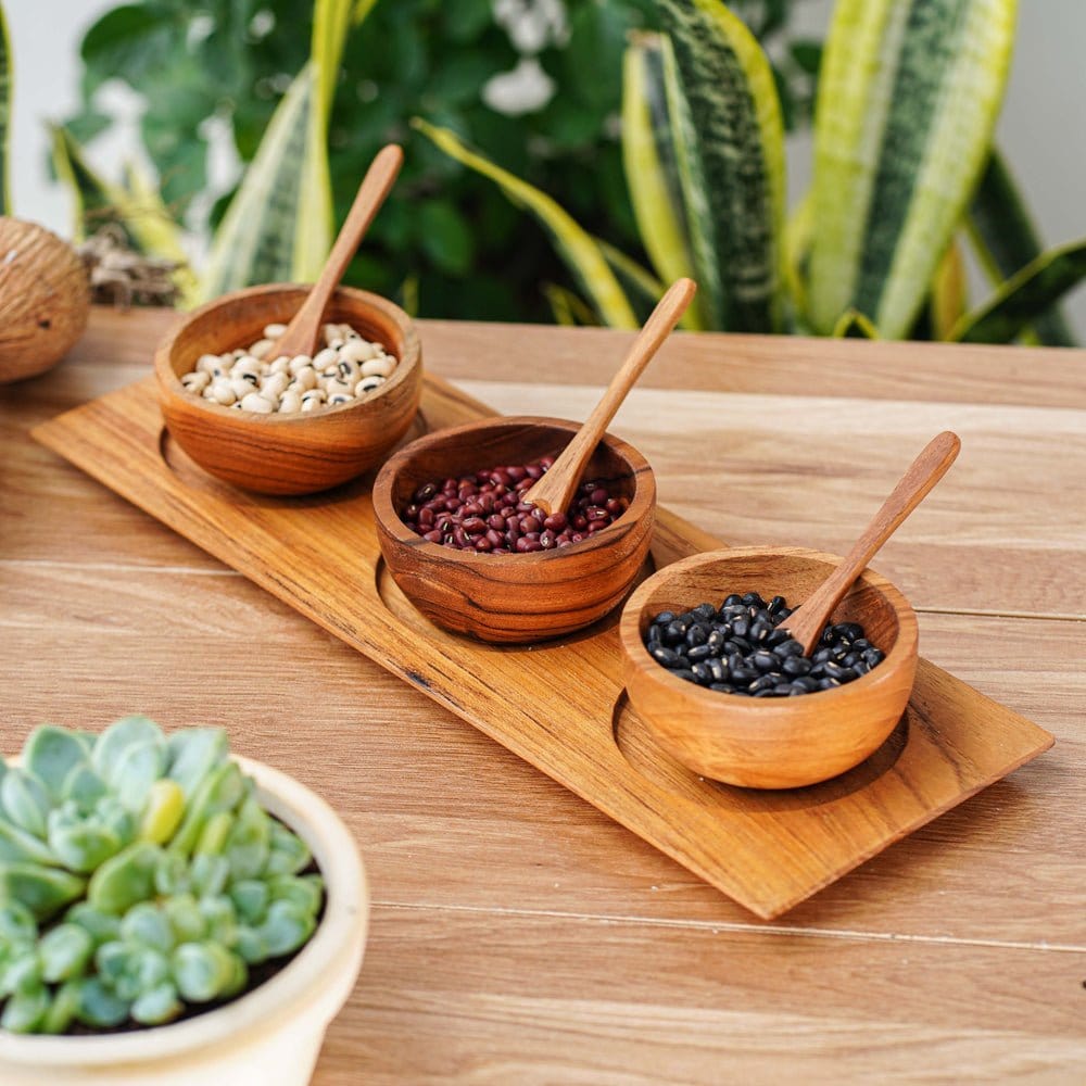 Teak Wood Condiment Dipping Bowl Set with Tray and Spoons