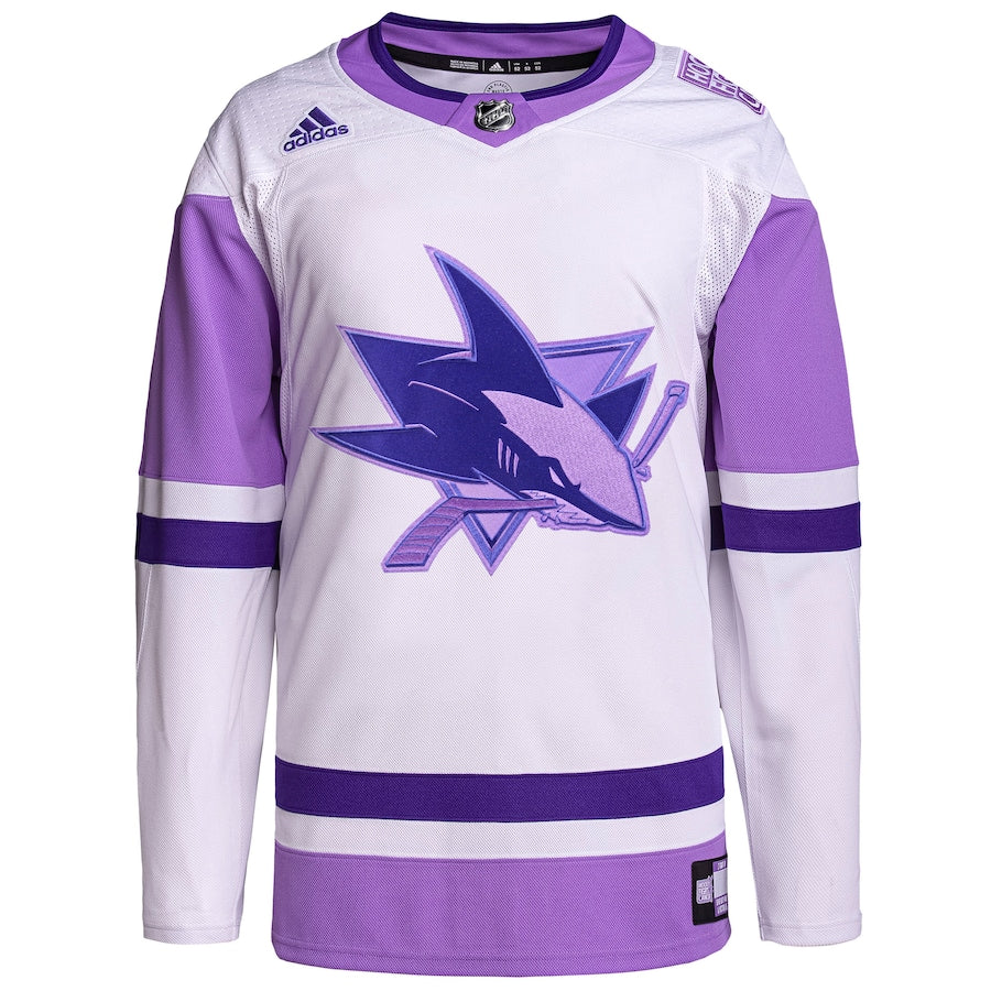 Men's San Jose Sharks adidas White/Purple Hockey Fights Cancer Primegreen Authentic Blank Practice Jersey