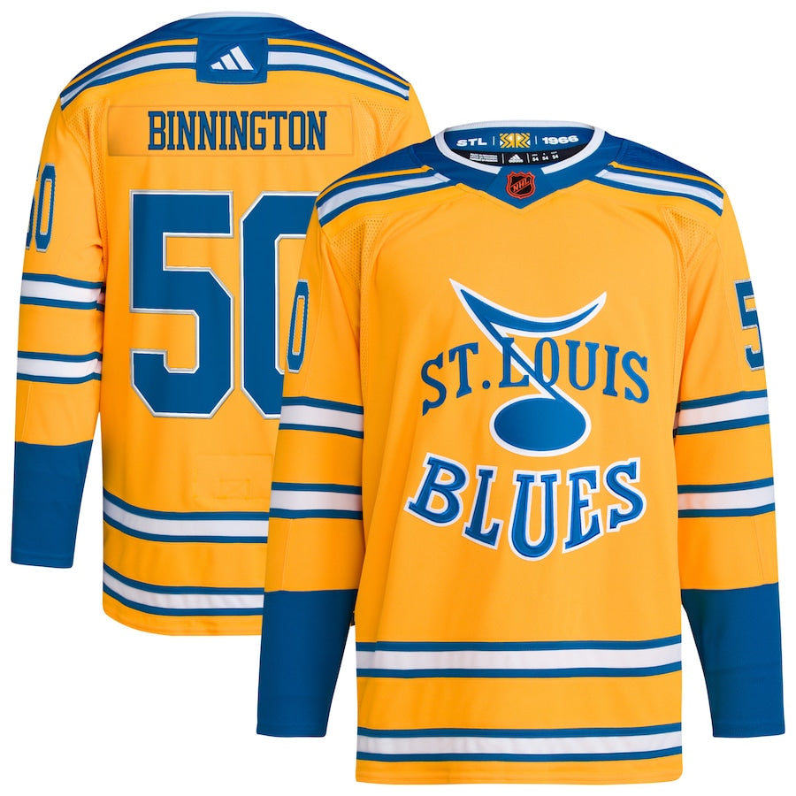 Men's St. Louis Blues Jordan Binnington adidas Gold Reverse Retro 2.0 Authentic Player Jersey