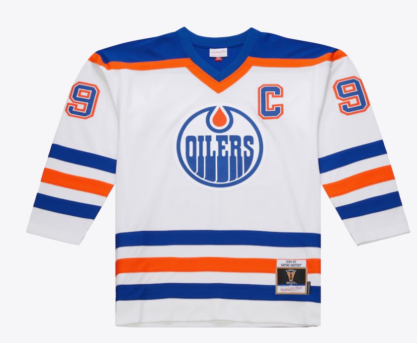 Men's Edmonton Oilers Wayne Gretzky Mitchell & Ness White Captain Patch 1986/87 Power Play Player Jersey (Copy)