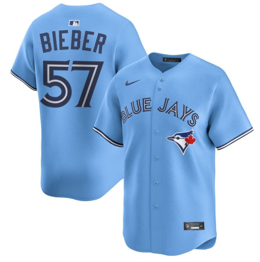 Men's Toronto Blue Jays Shane Bieber Powder Blue MLB Baseball Player Jersey