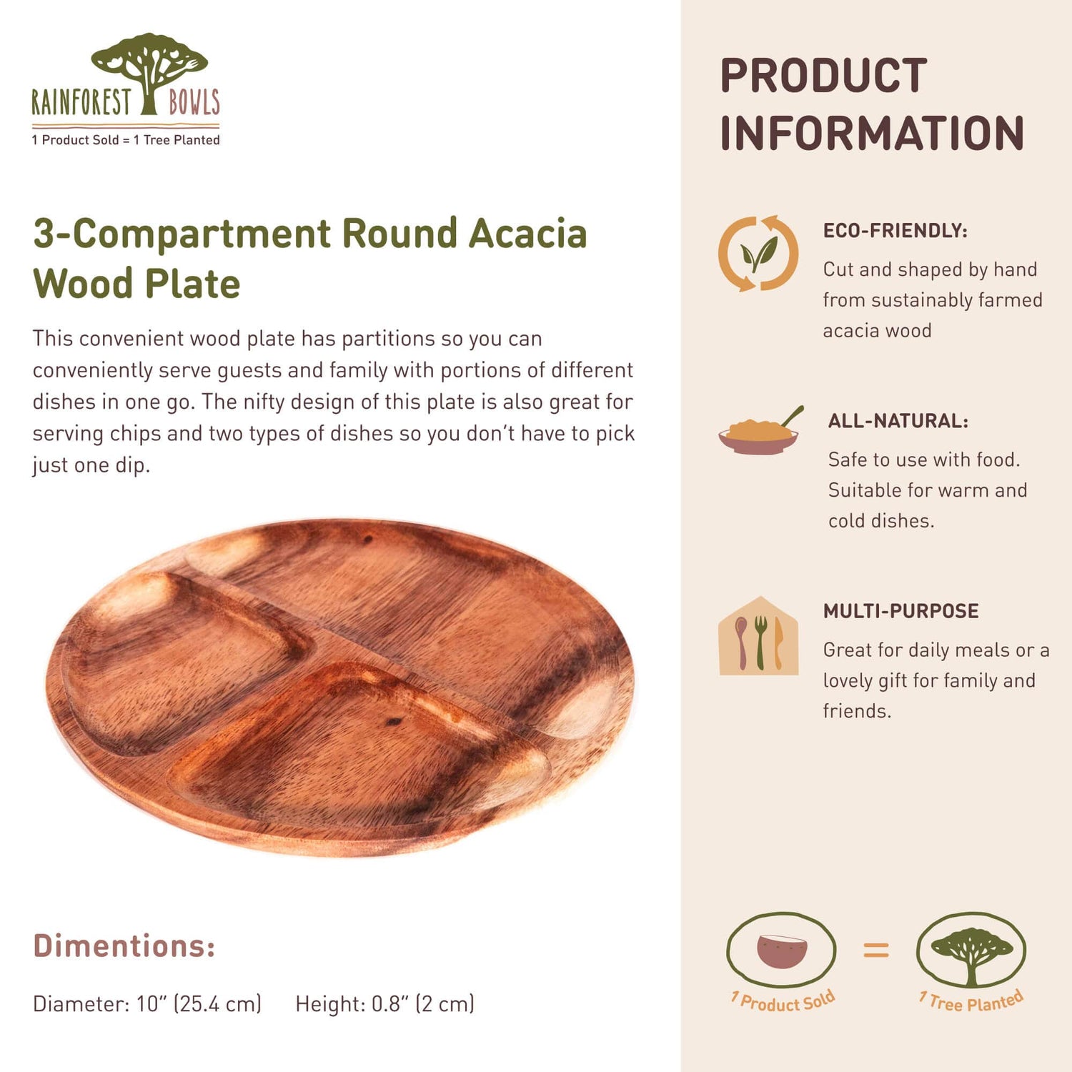 3-Compartment Round Acacia Wood Plate